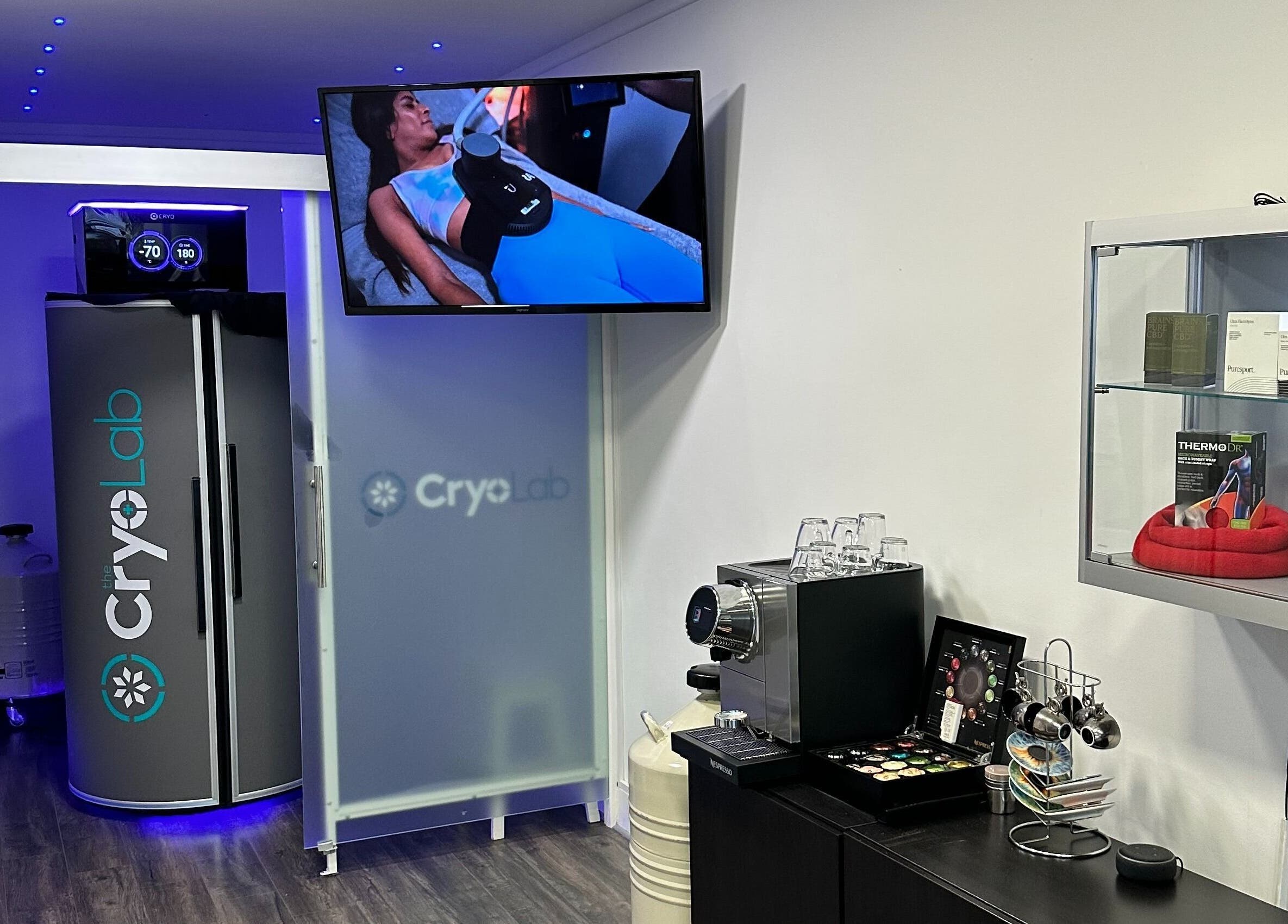 Modern cryotherapy chamber at The Cryo Lab in Whitefield, England, GB, showcasing wellness equipment and amenities.