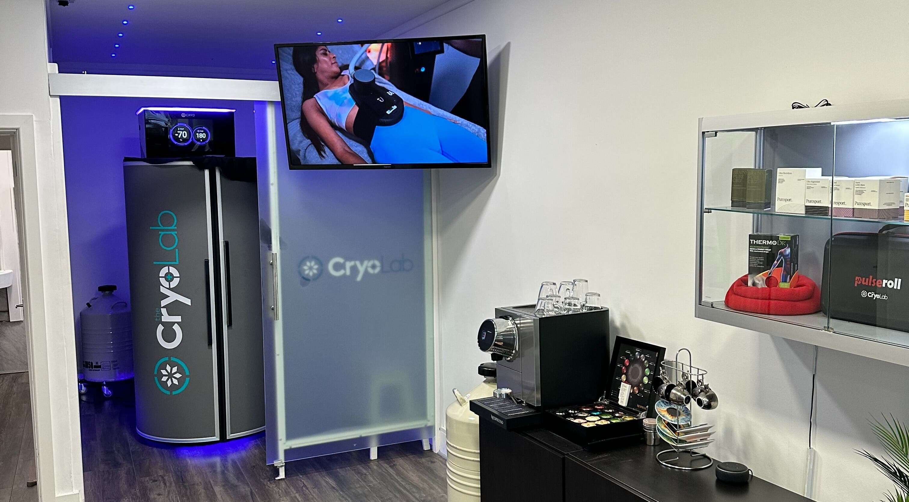 Modern cryotherapy chamber at The Cryo Lab in Whitefield, England, GB, showcasing wellness equipment and amenities.