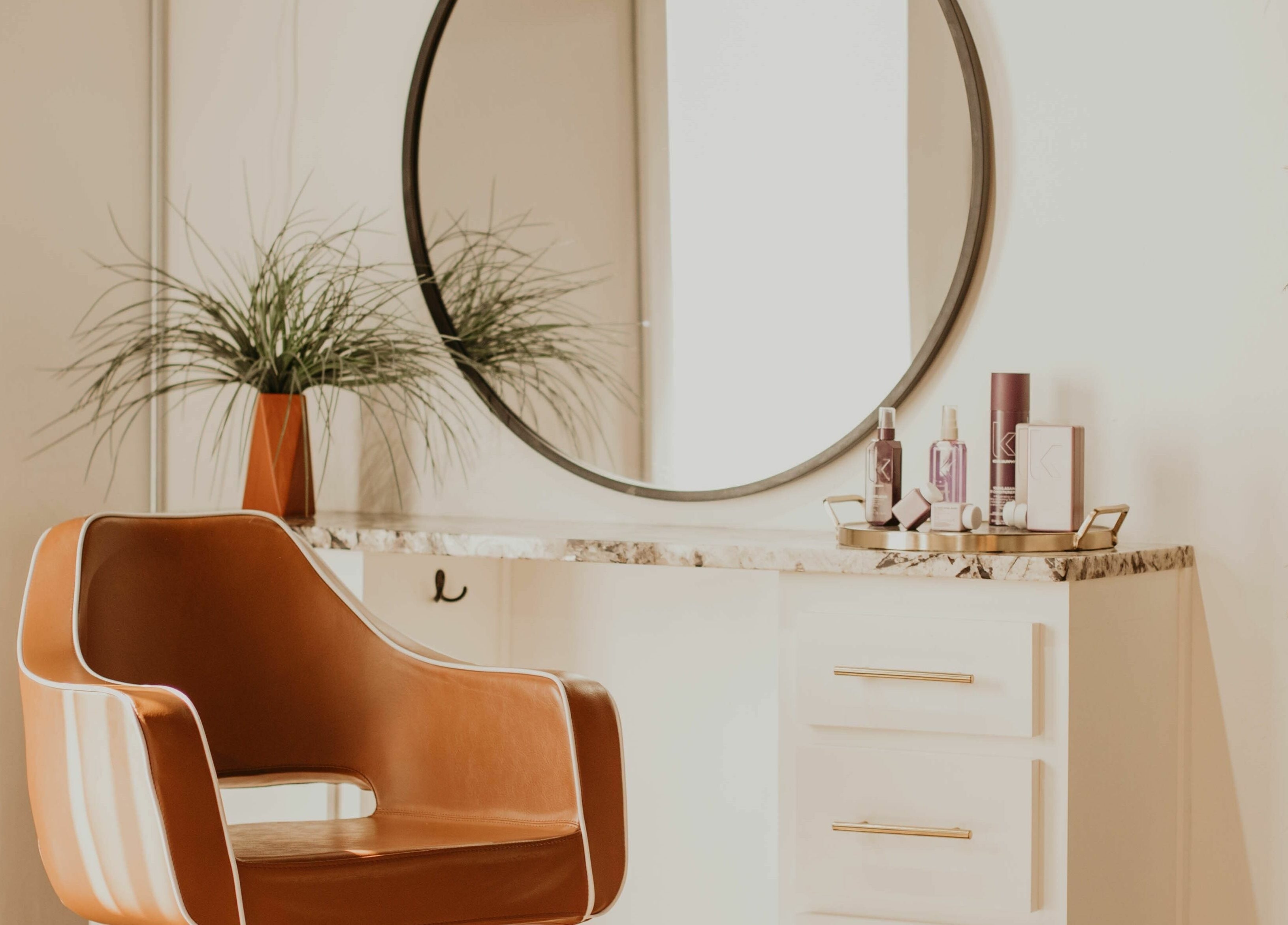 Elegant styling station at Whitefox Styling, Amarillo, Texas, US. Features chair, mirror, and products.