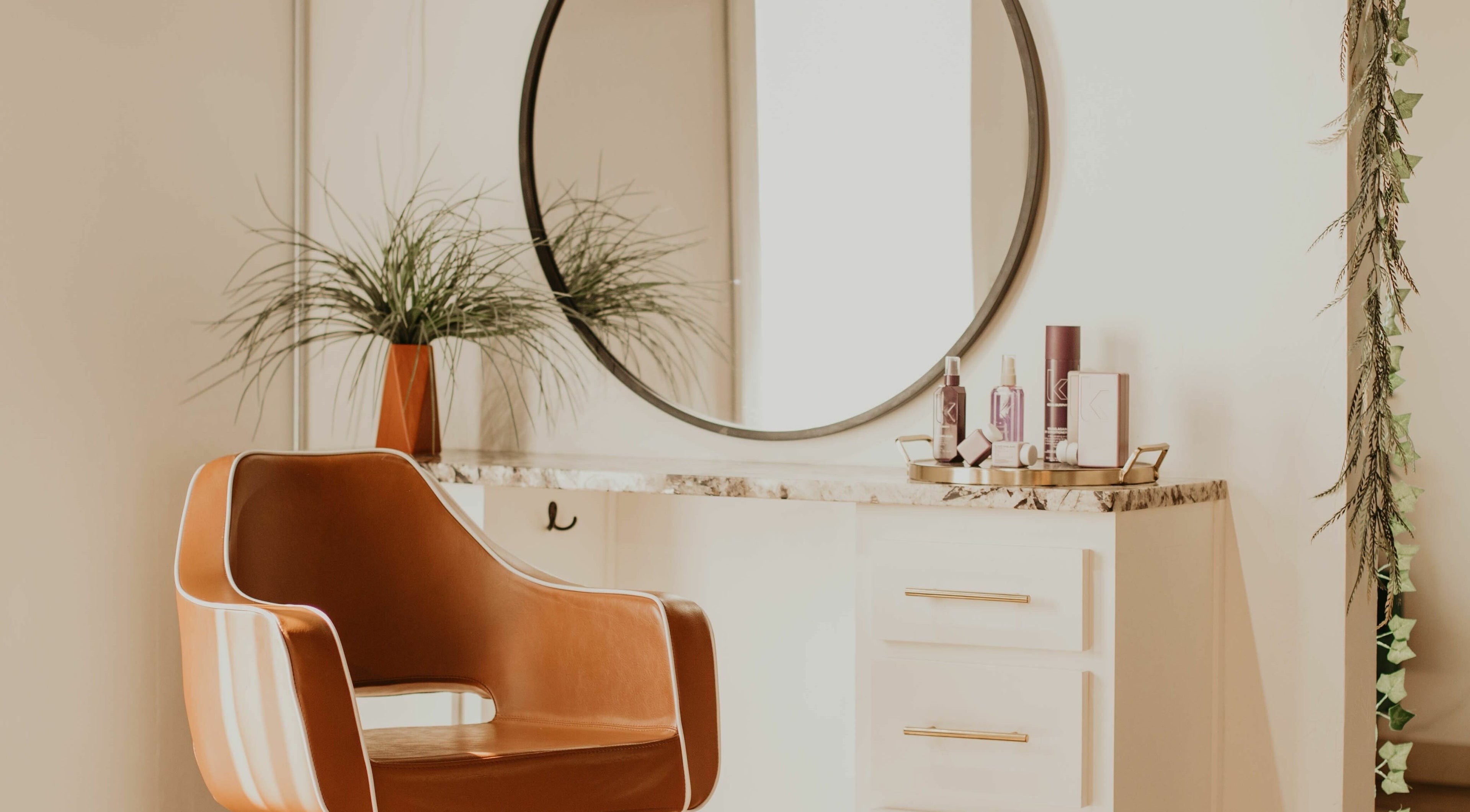 Elegant styling station at Whitefox Styling, Amarillo, Texas, US. Features chair, mirror, and products.