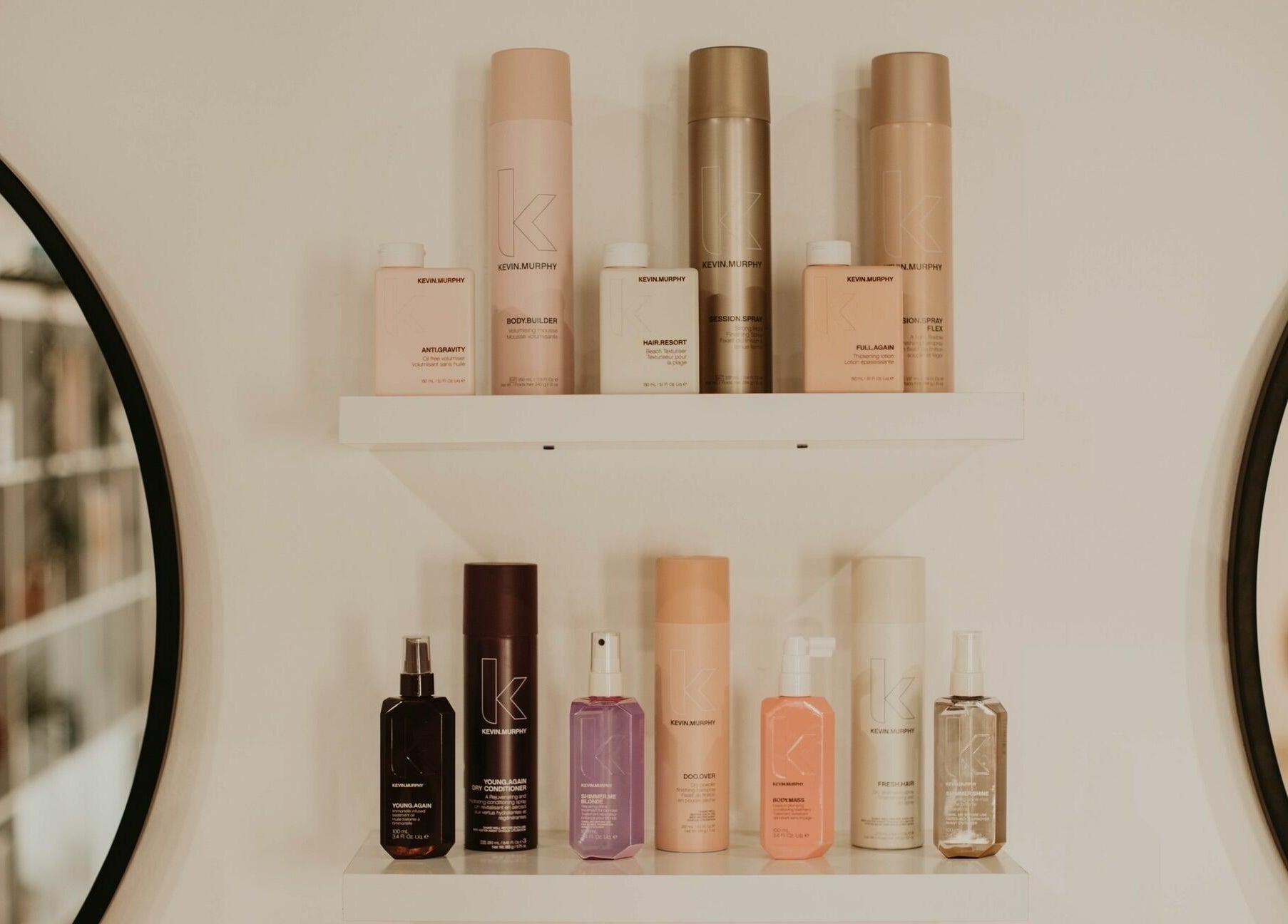 Stylish shelf of beauty products at Whitefox Styling, Amarillo, Texas, US, enhancing salon ambiance.