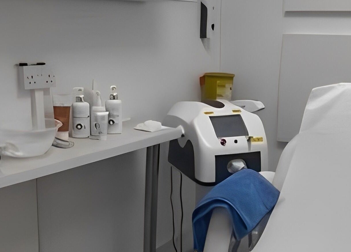 Treatment room at The Nurses Clinic, Nuneaton, England, GB featuring medical equipment and supplies.