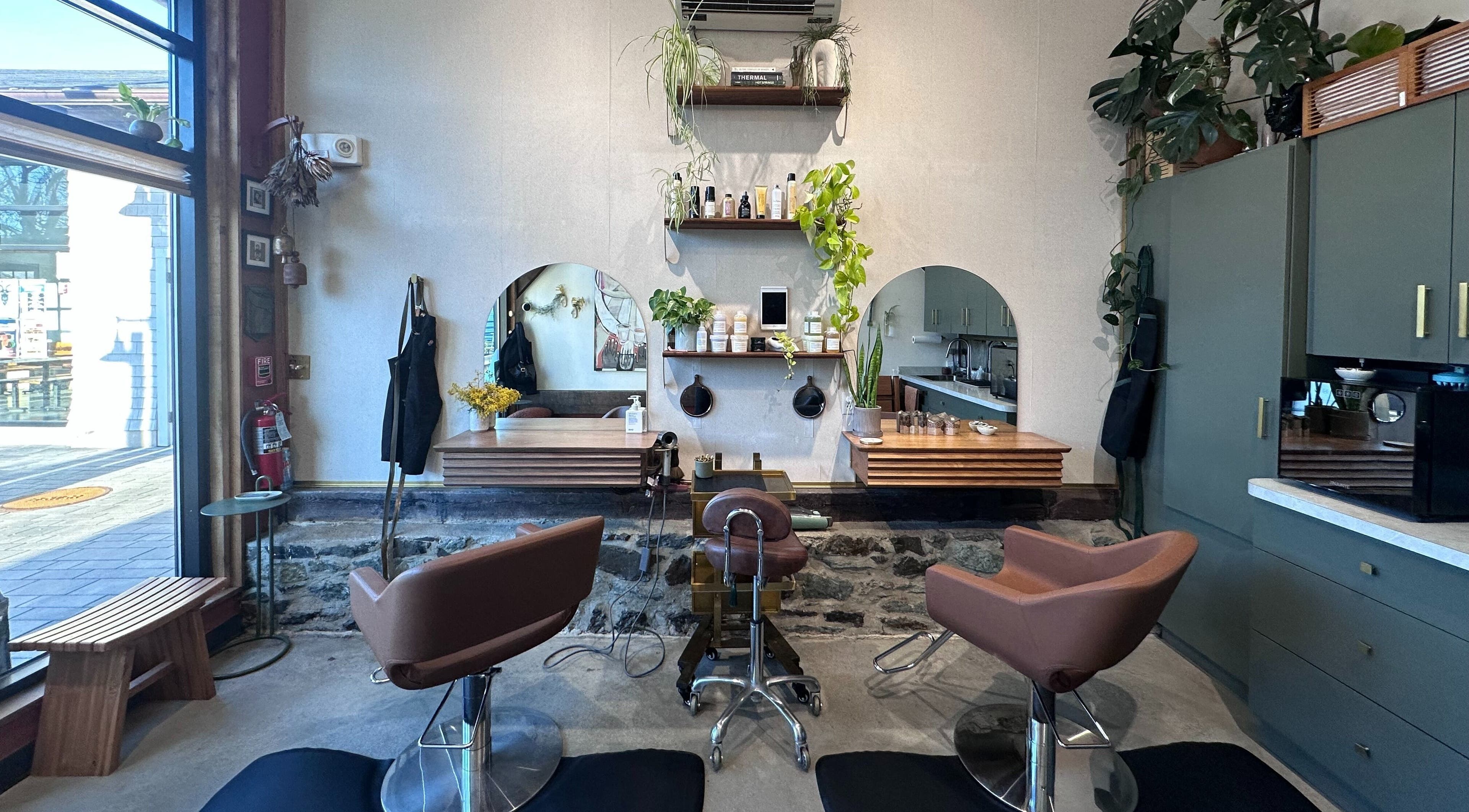 Modern interior of Bellwether Salon in Boston, Massachusetts, US with stylish chairs and lush greenery.