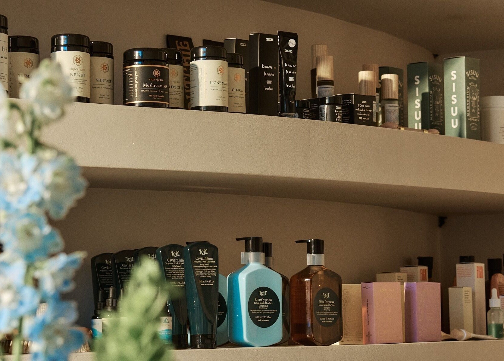 Shelves with beauty products at Nimbus Co Richmond, Richmond, Victoria, AU, showcasing diverse wellness items.