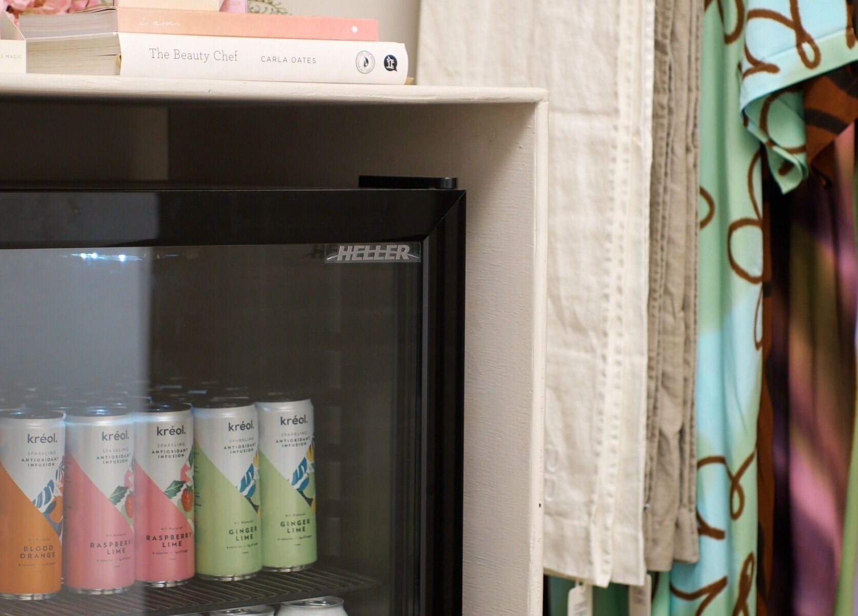 Mini fridge with drinks and robes at Nimbus Co Richmond, Richmond, Victoria, AU.