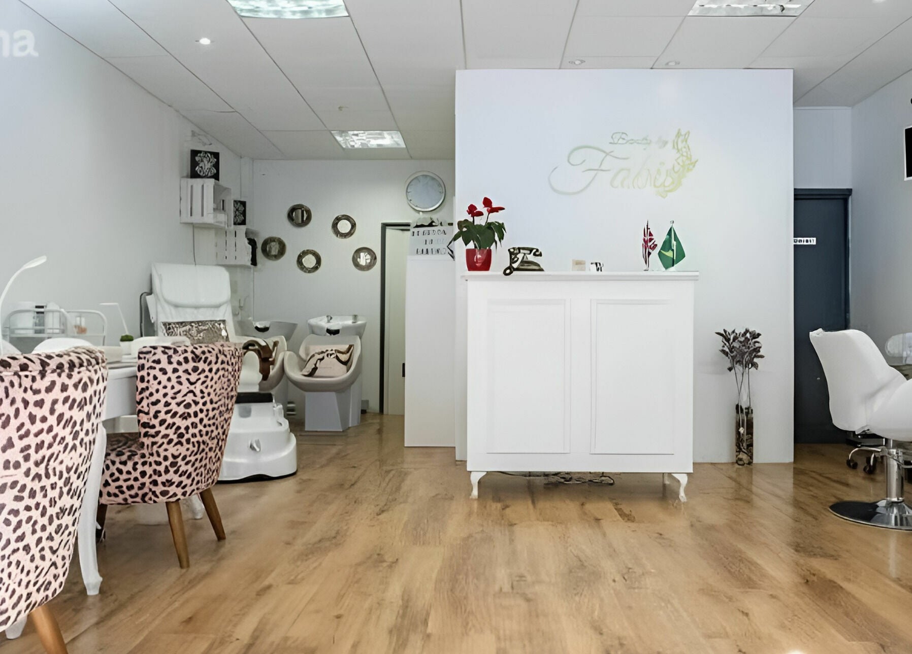 Stylish interior of Beauty by Fabi salon in Camberley, England, GB, showcasing modern decor and elegant design.