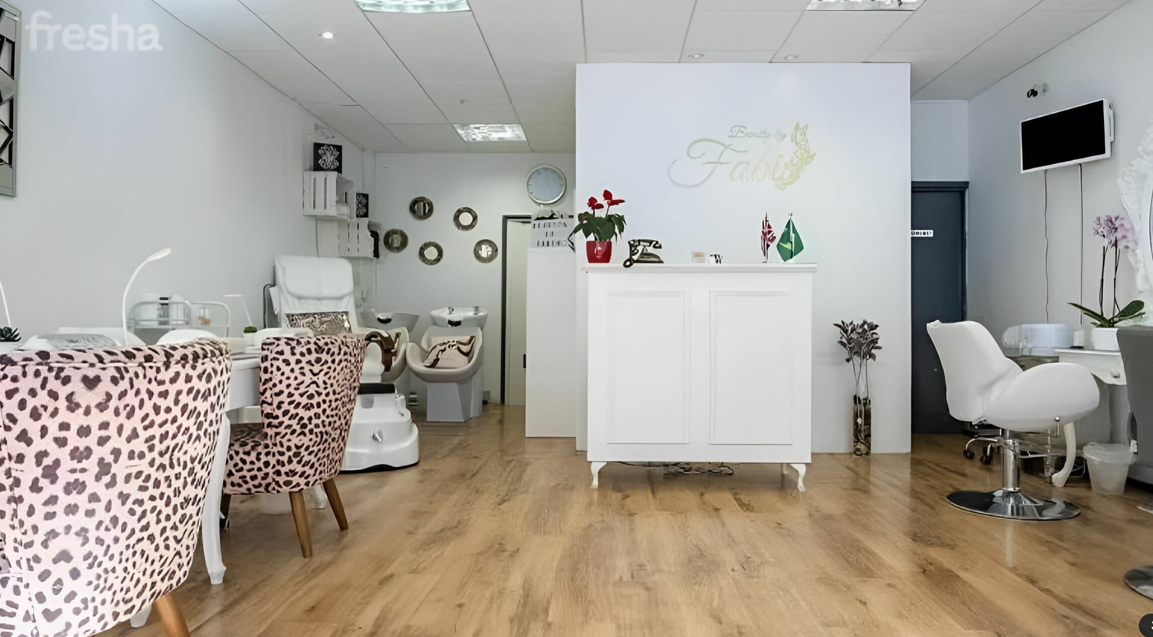 Stylish interior of Beauty by Fabi salon in Camberley, England, GB, showcasing modern decor and elegant design.