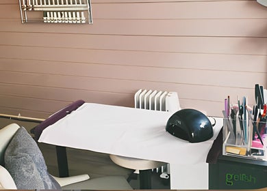 Nail station at Marias Beauty Spot, Spilsby, England, GB with tools and comfortable seating for treatments.