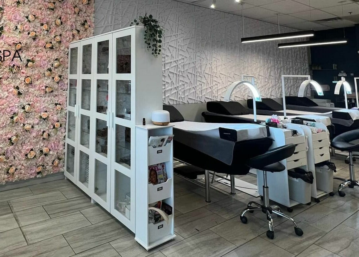 Elegant interior of XO Beauty Spa with floral wall in Chatham, Illinois, US.