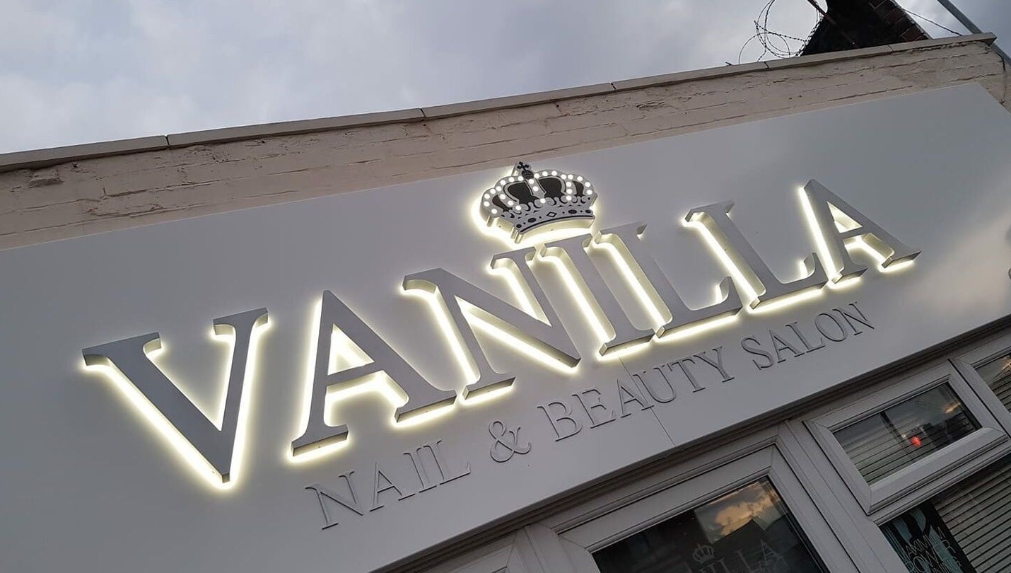 Illuminated Vanilla Salon sign, Leeds, England. Nail & beauty destination.