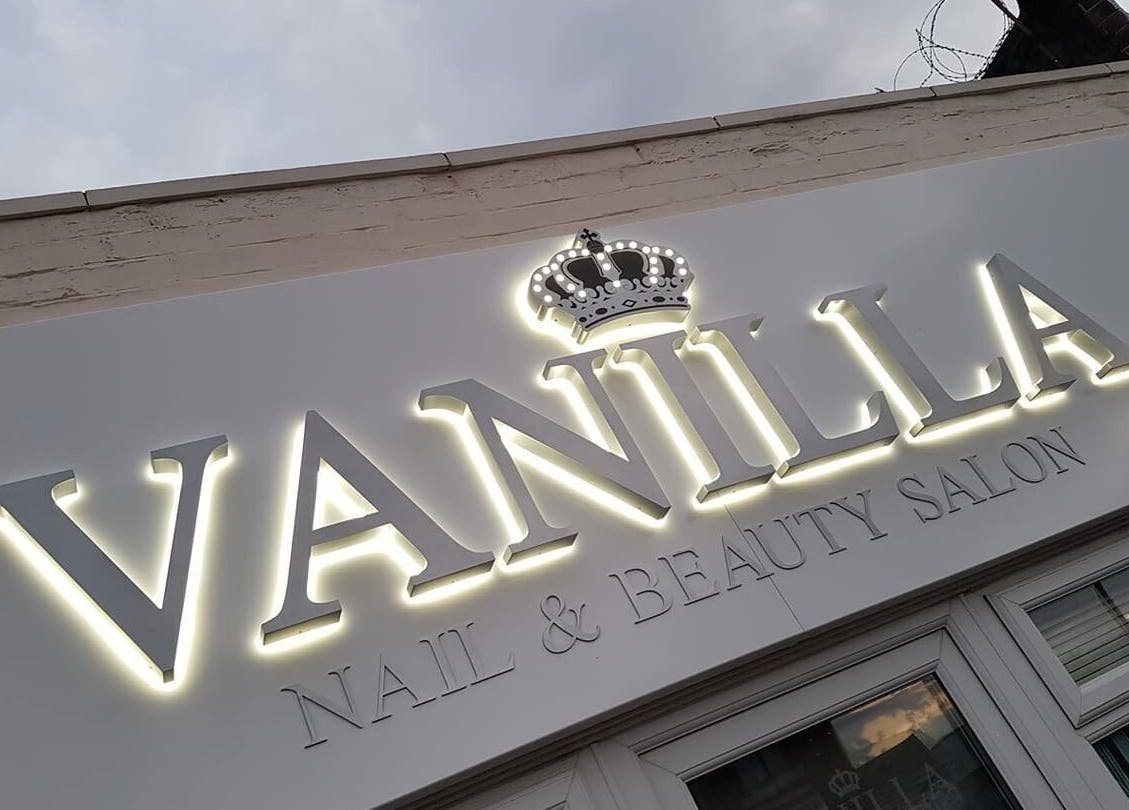 Illuminated Vanilla Salon sign, Leeds, England. Nail & beauty destination.