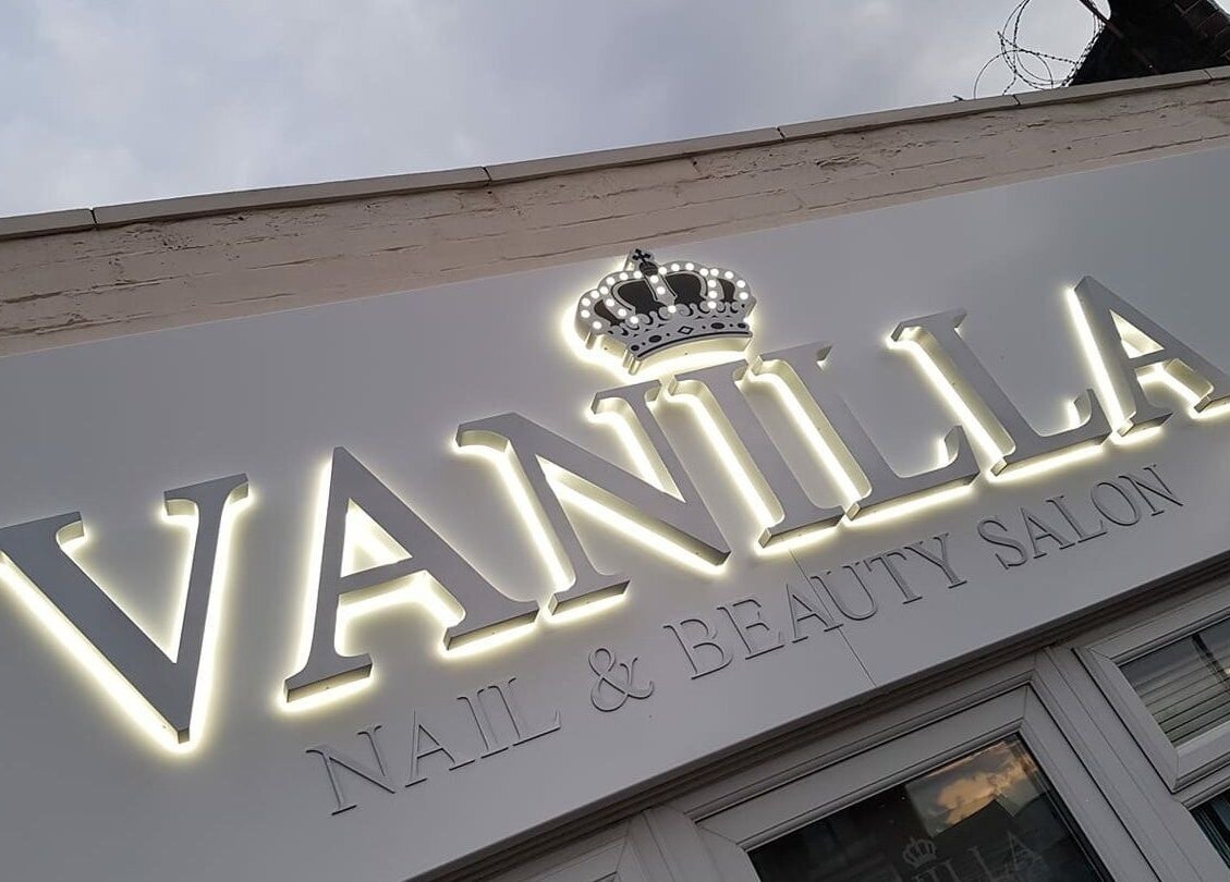 Illuminated Vanilla Salon sign, Leeds, England. Nail & beauty destination.