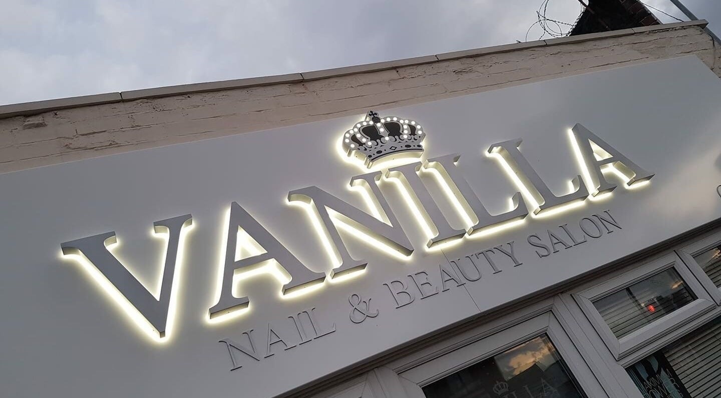 Illuminated Vanilla Salon sign, Leeds, England. Nail & beauty destination.