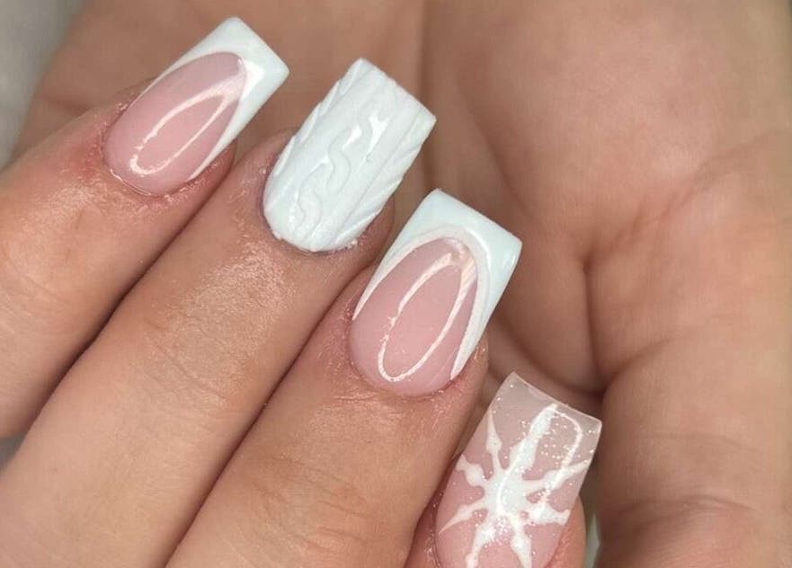 White and pink detailed nail art at Vanilla Salon, Leeds, England, GB.