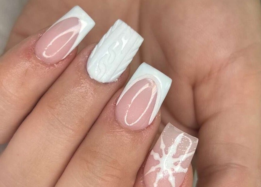 White and pink detailed nail art at Vanilla Salon, Leeds, England, GB.