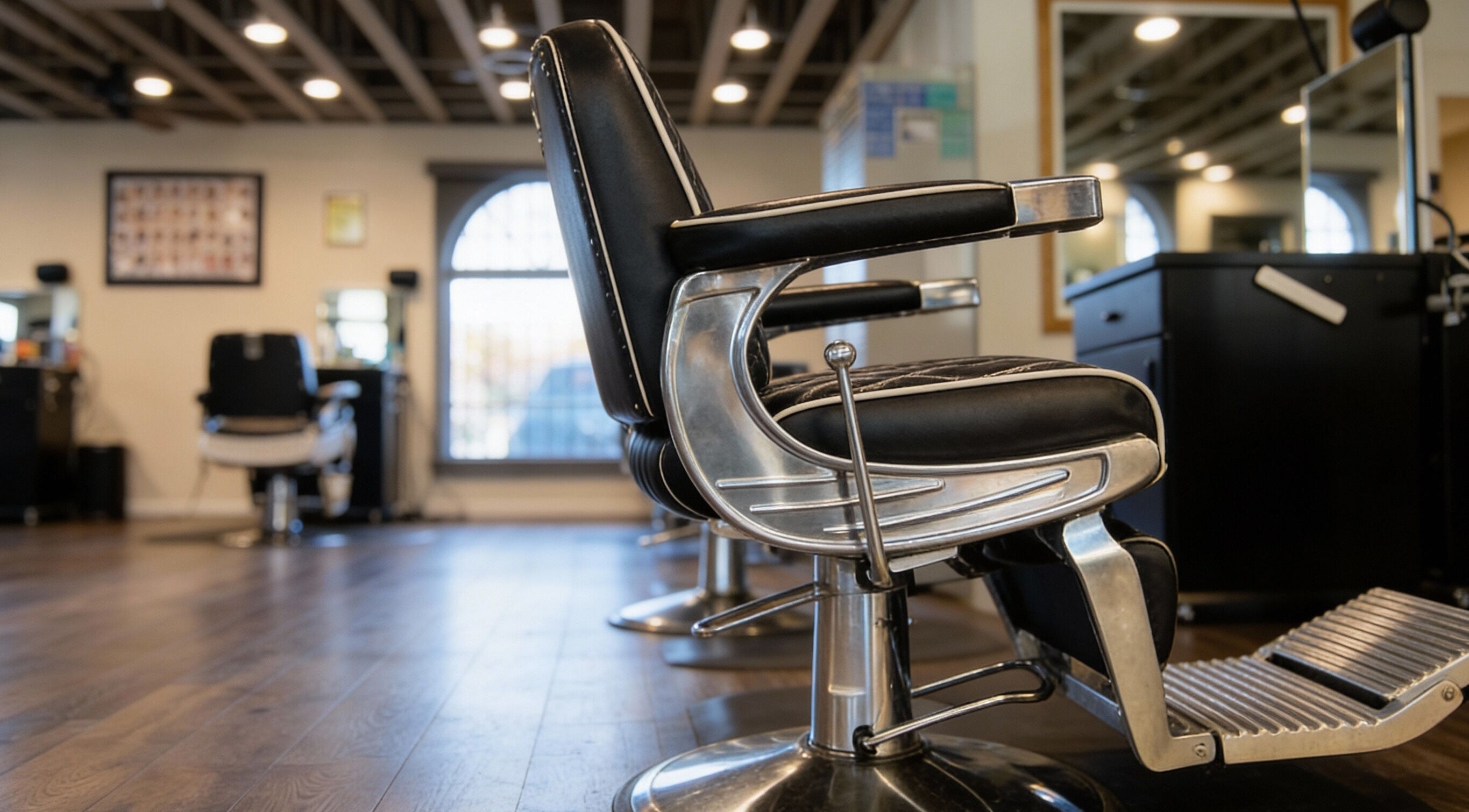 Modern barbershop interior at A Better U Beauty Barber Academy, Albuquerque, New Mexico, US.