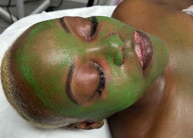 A relaxing green face mask treatment at Voko Beauti in Chilliwack, British Columbia, CA, promoting skin wellness.