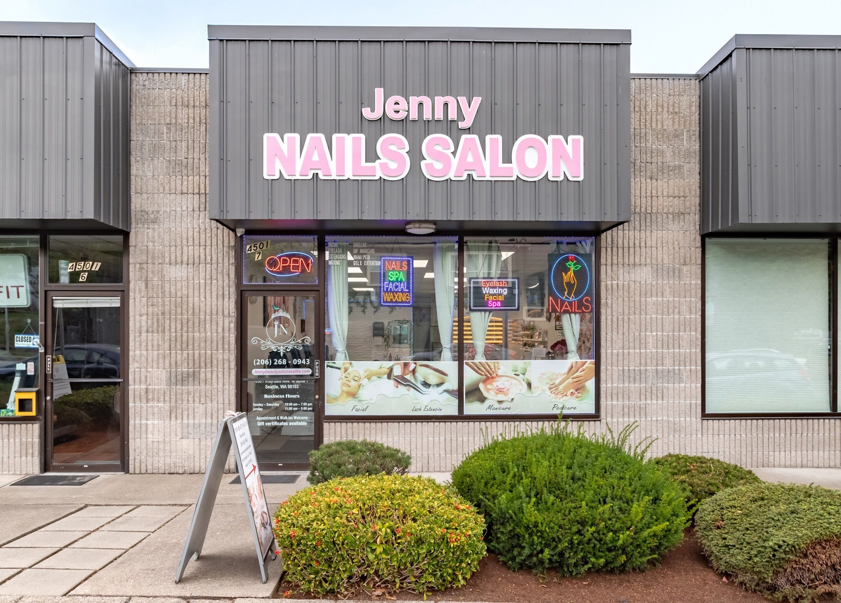Front view of Jenny Nails Salon in Seattle, Washington, US, featuring bright signage and welcoming entrance.