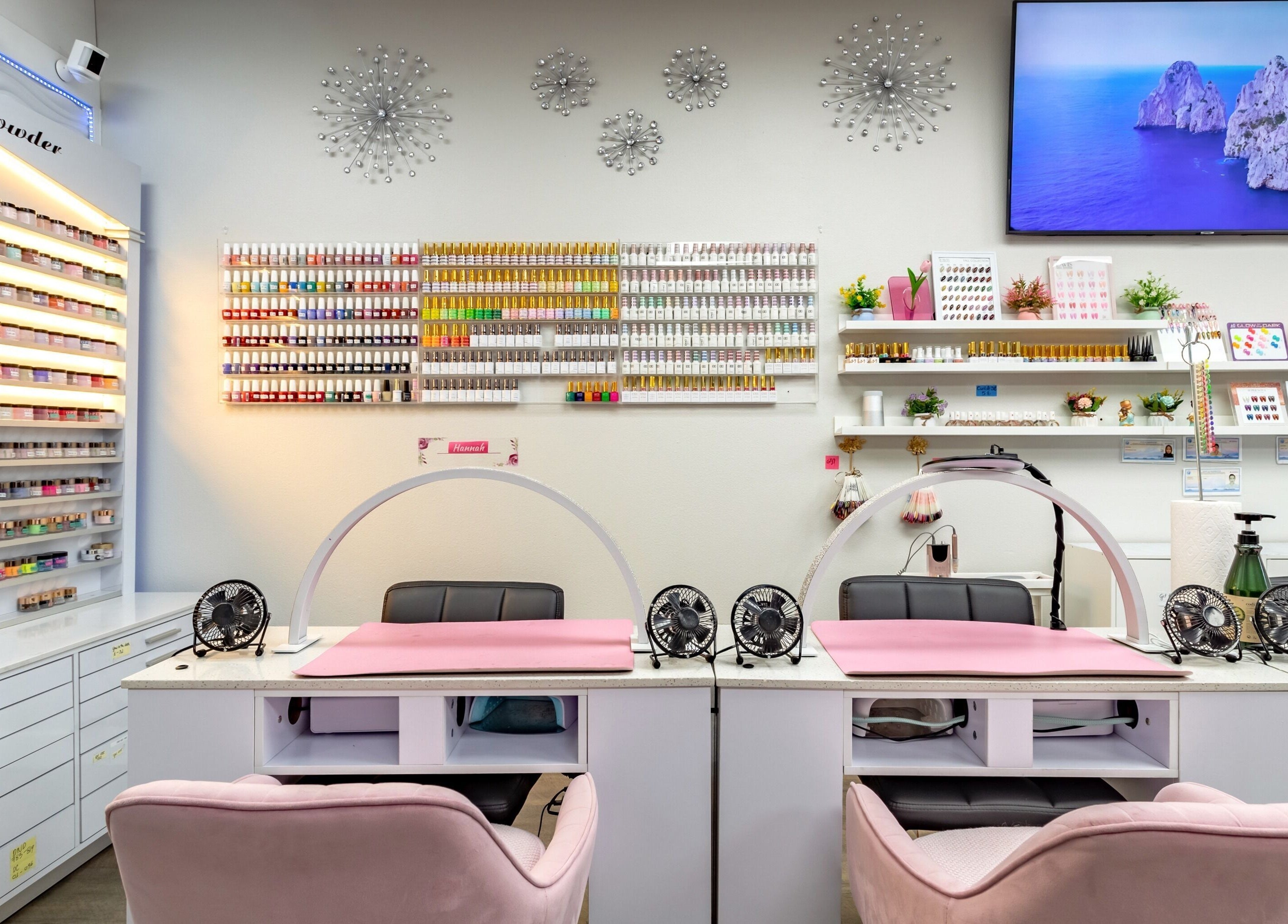 Interior of Jenny Nails Salon in Seattle, Washington, US, showcasing a spacious, colorful nail station.