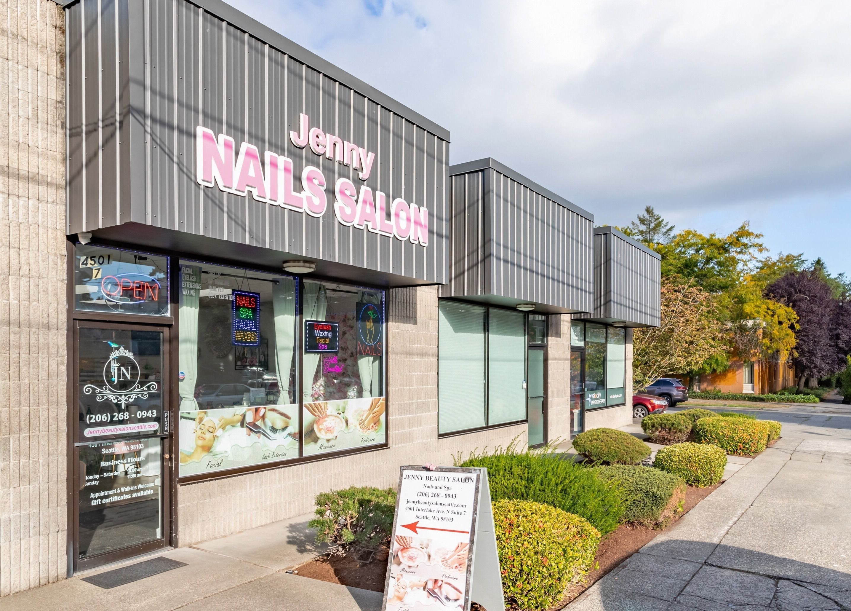 Exterior of Jenny Nails Salon, Seattle, Washington, US, featuring signage and entrance.