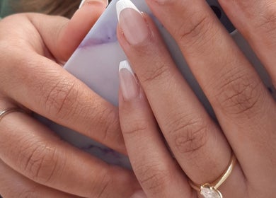 French manicure at Kristy Does Nails, Melbourne, Victoria, AU. Stylish hands with rings.