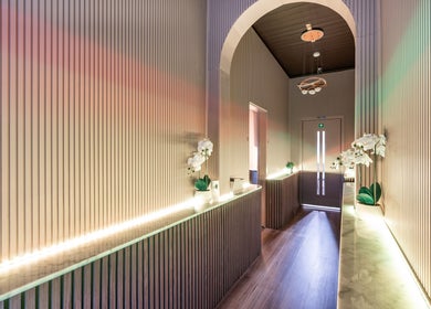 Stylish corridor at Riverstone Thai Massage Therapy and Spa, Riverstone, New South Wales, AU, with ambient lighting.