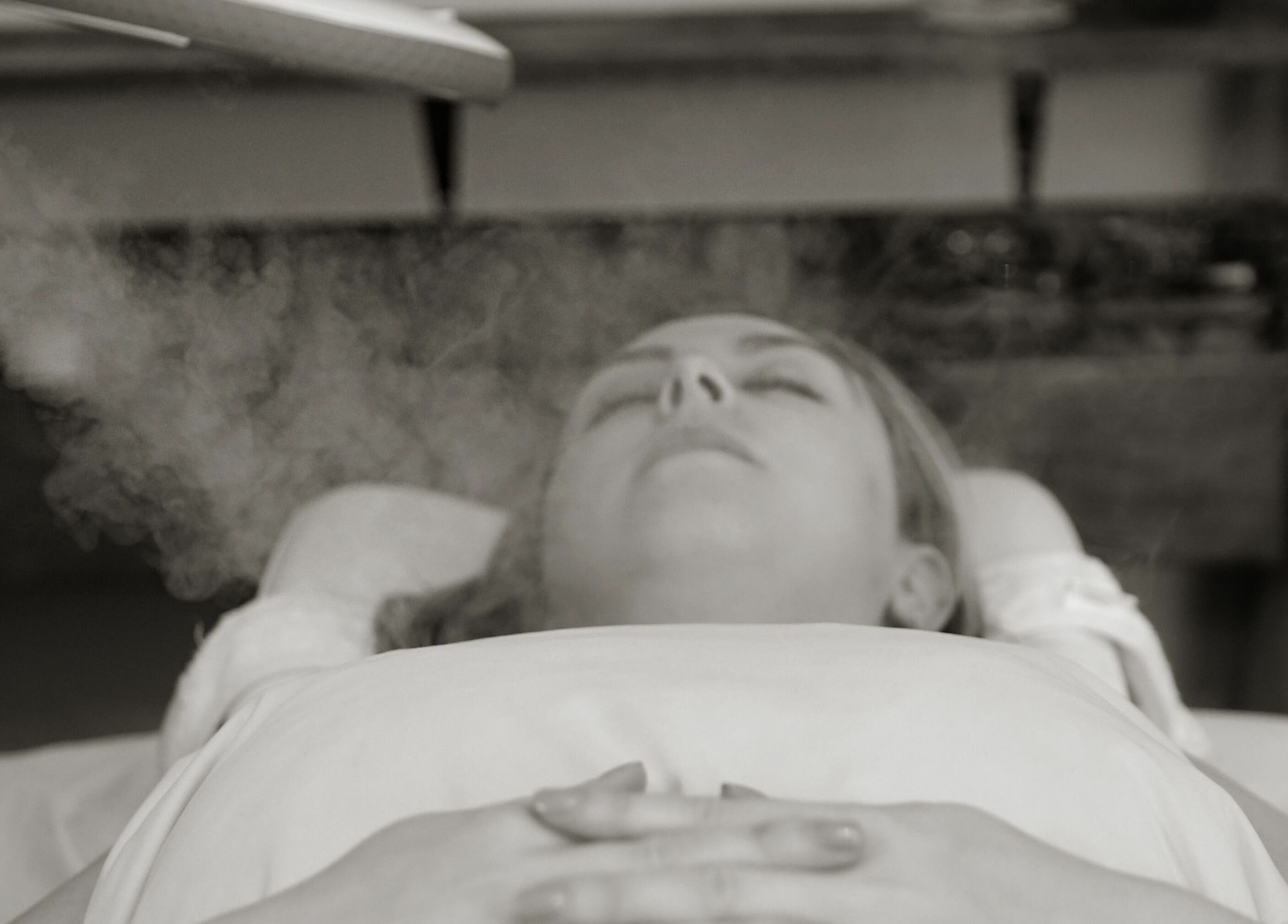 Facial steam treatment at Relish Day Spa, Stratford, Ontario, CA, creating a serene relaxation atmosphere.