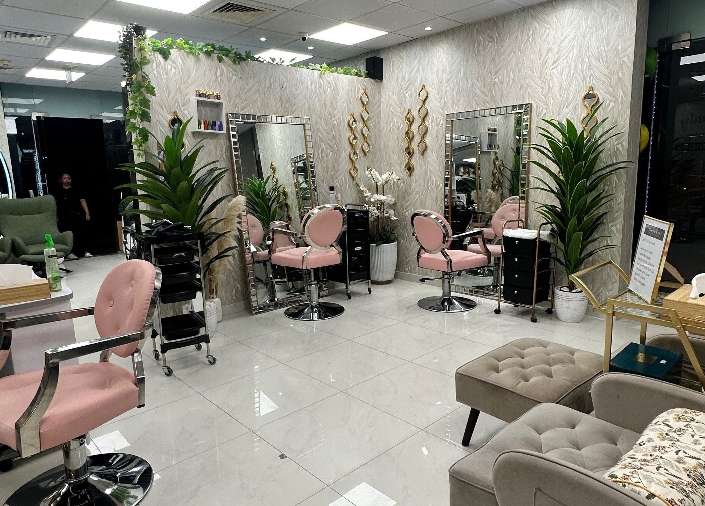 Elegant interior of Seleva Beauty Lounge/Salon JBR in Dubai, AE with luxurious seating and mirrors.