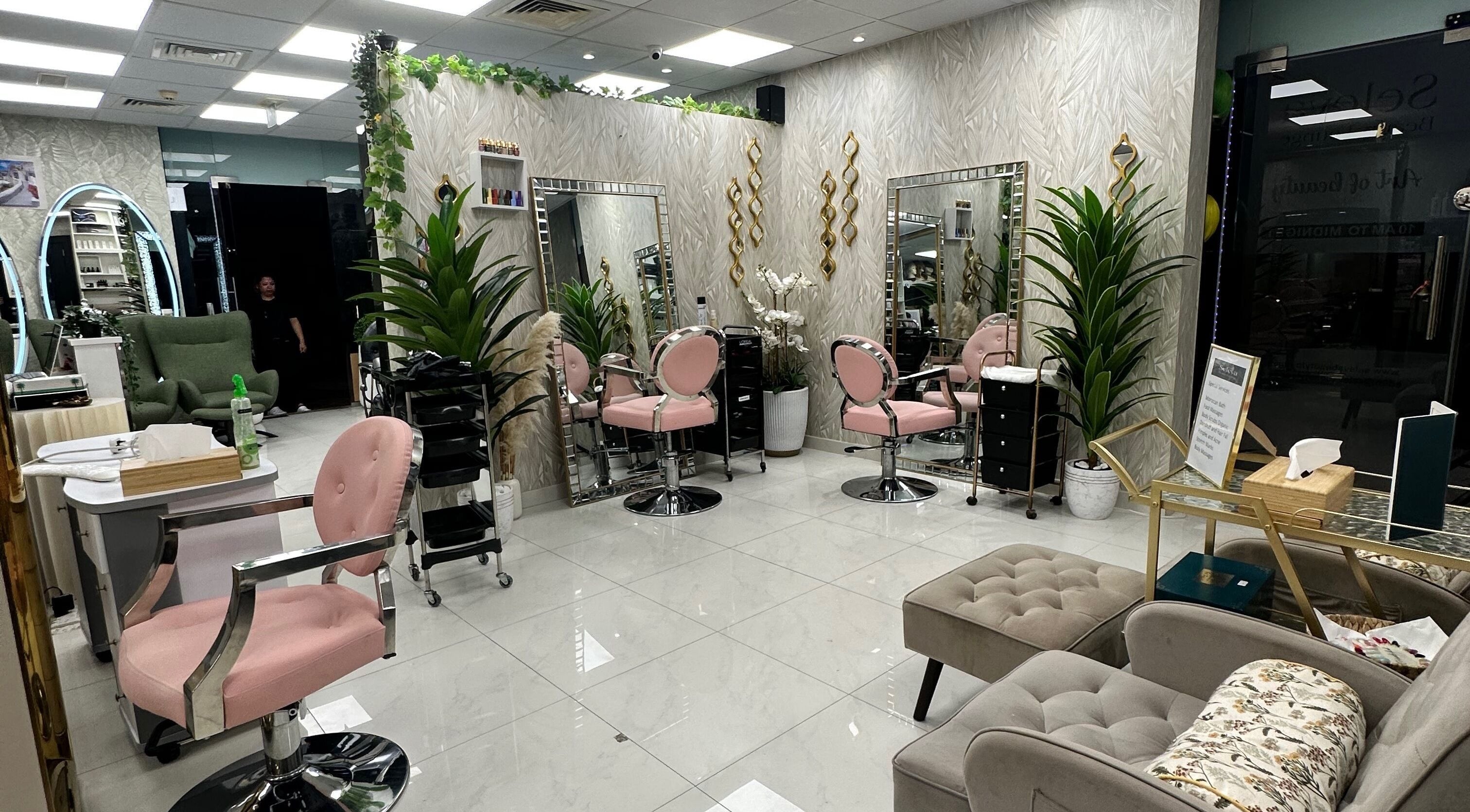 Elegant interior of Seleva Beauty Lounge/Salon JBR in Dubai, AE with luxurious seating and mirrors.