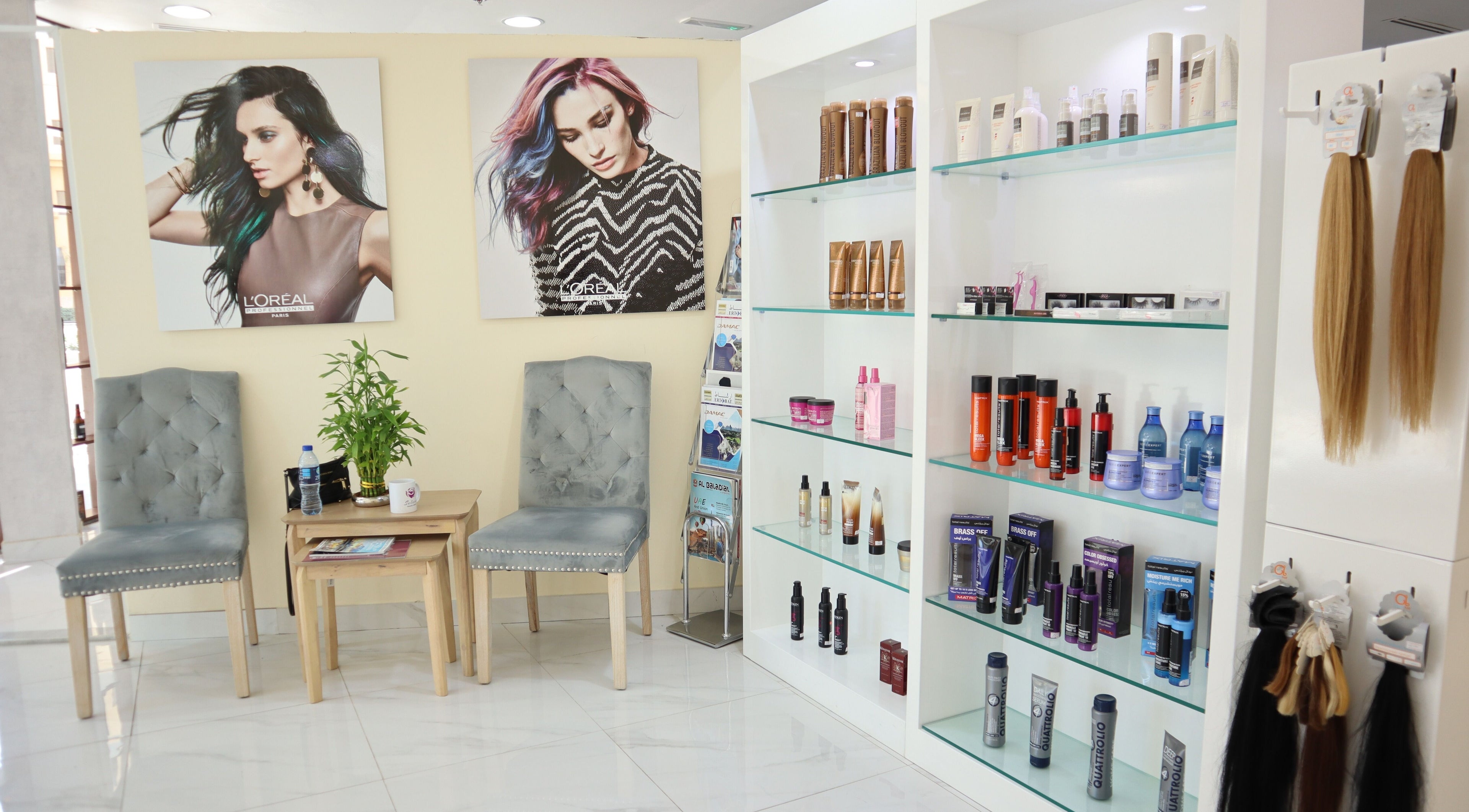 Seleva Beauty Lounge/ Salon JBR, Dubai, Dubai, AE showcases a modern waiting area with products displayed.
