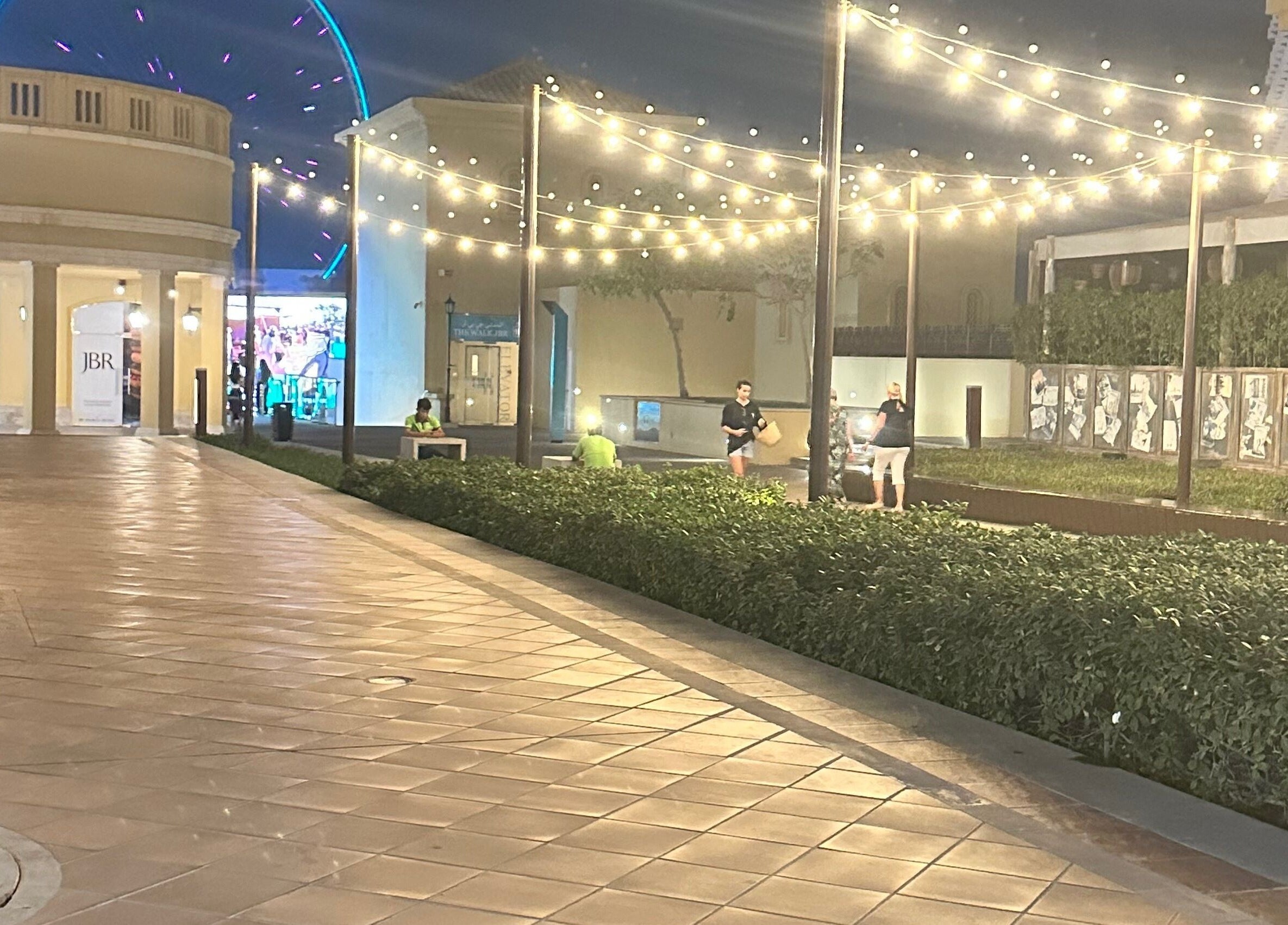 Charming night view near Seleva Beauty Lounge/ Salon JBR, Dubai, Dubai, AE with glowing string lights.