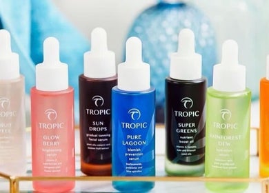 Colorful Tropic serums displayed at The Beauty Room Danebury Practice, Andover, England, GB.