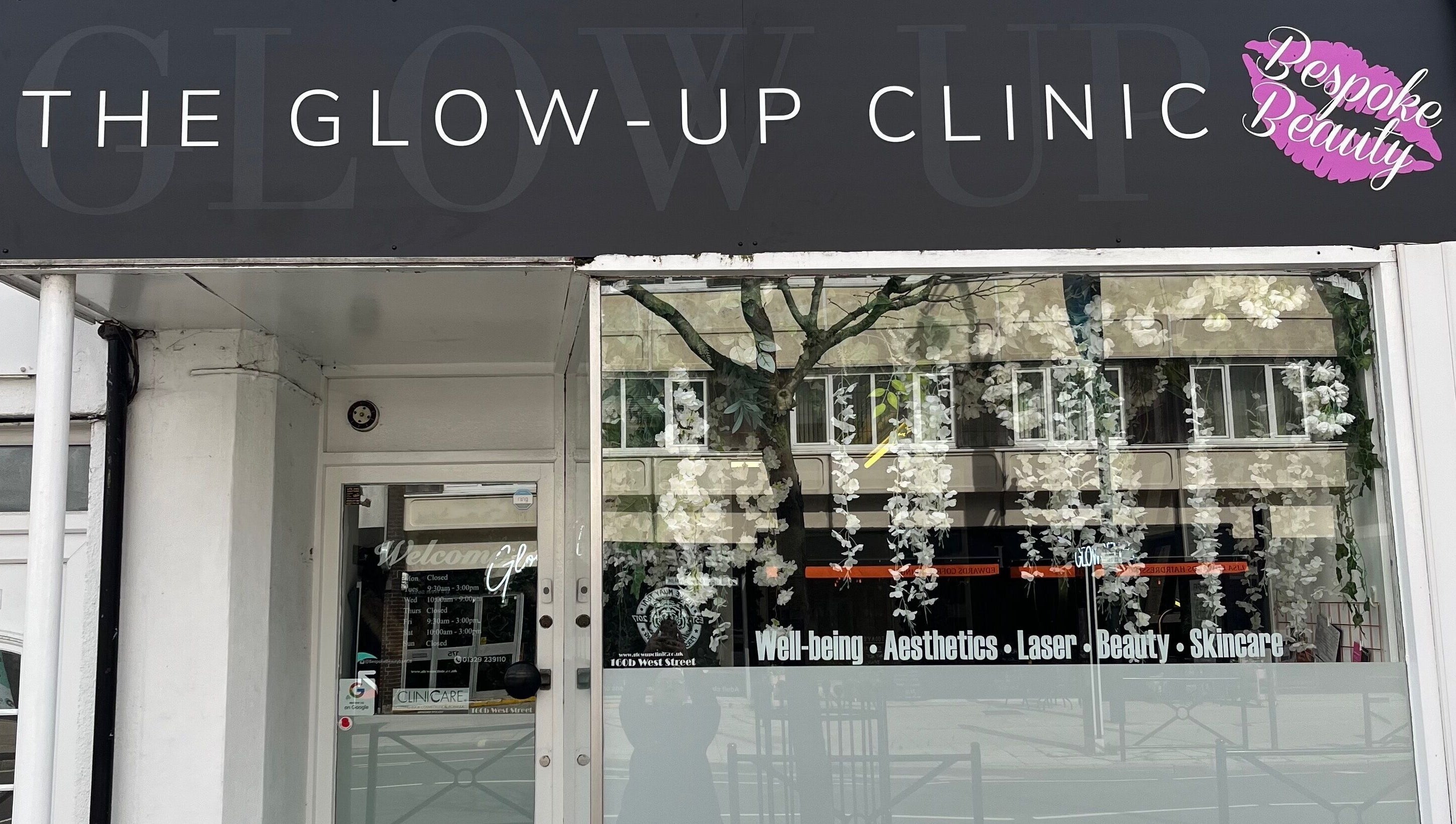 Front of The Glow Up Clinic in Fareham, England, featuring beauty and wellness services.