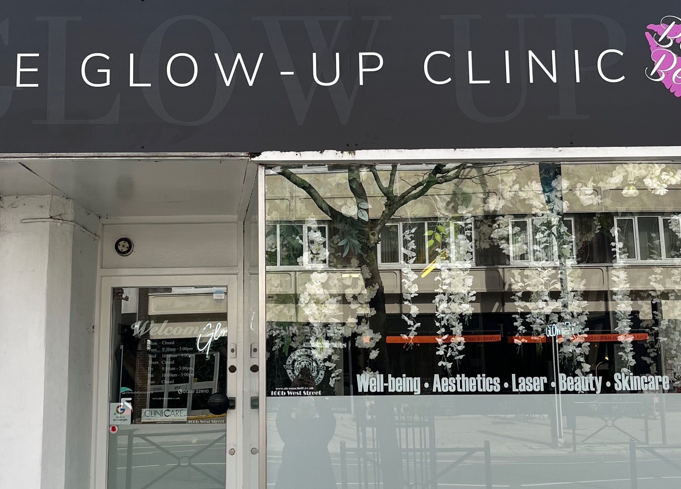 Front of The Glow Up Clinic in Fareham, England, featuring beauty and wellness services.