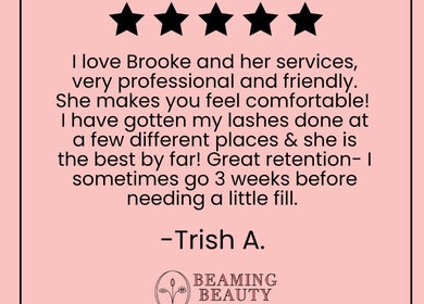 Client testimonial highlighting lash services at Beaming Beauty LLC, Pueblo, Colorado, US.