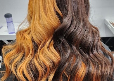 Beautiful orange and brown wavy hairstyle at Studio NiCHE, Adelaide, South Australia, AU.