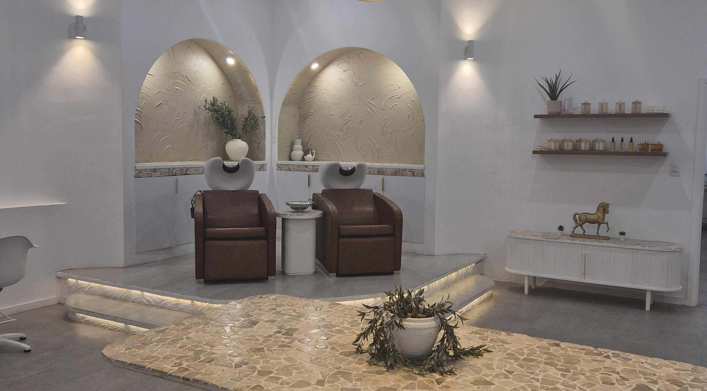 Luxurious hair washing stations at Studio NiCHE, Adelaide, South Australia, AU, offering a tranquil experience.