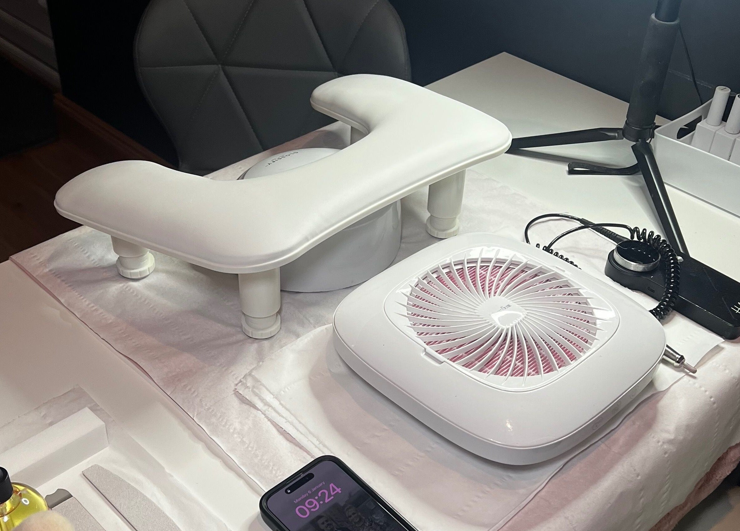 Manicure station at Becca Kate Nails, Castlederg, Northern Ireland, GB featuring tools and devices.