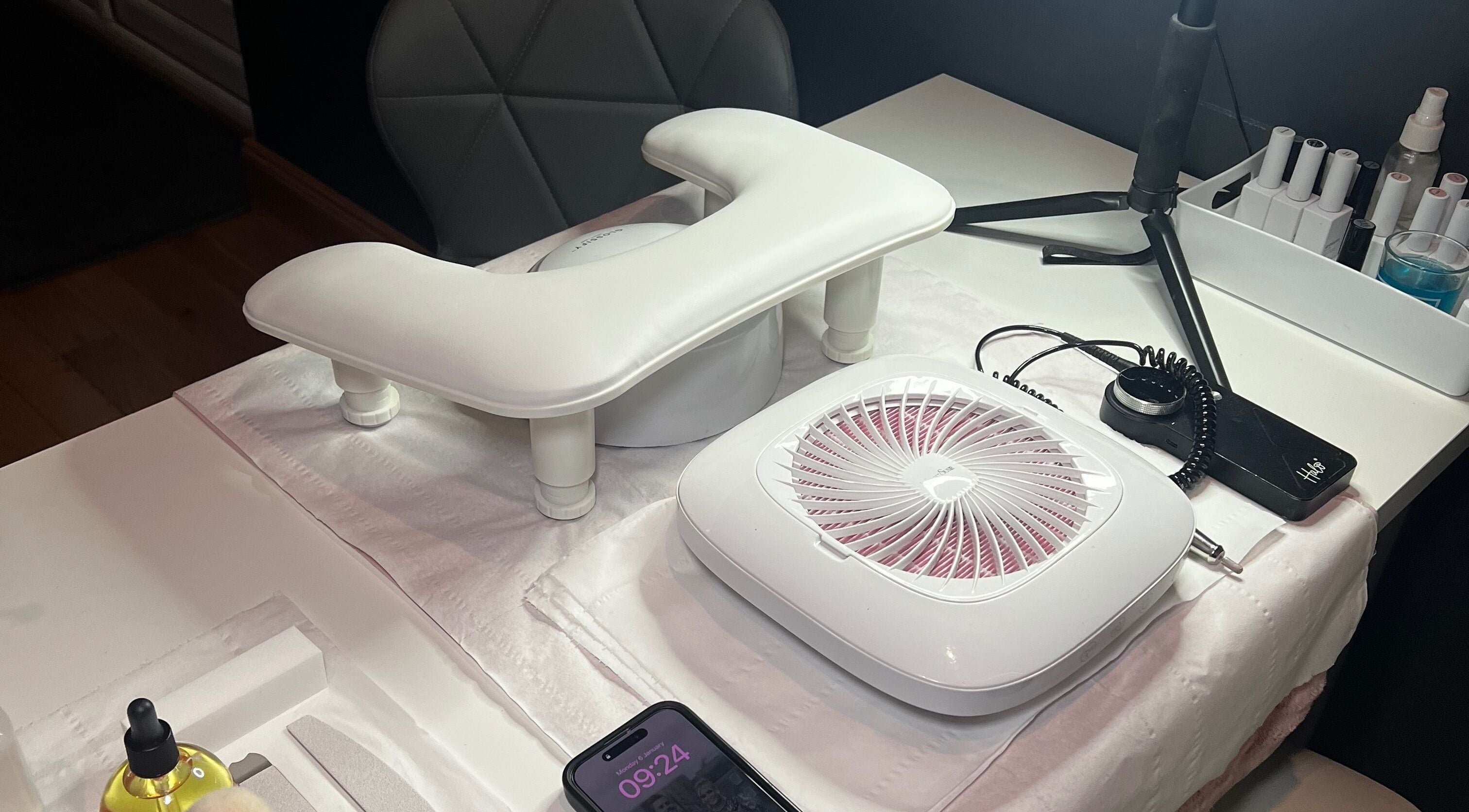 Manicure station at Becca Kate Nails, Castlederg, Northern Ireland, GB featuring tools and devices.