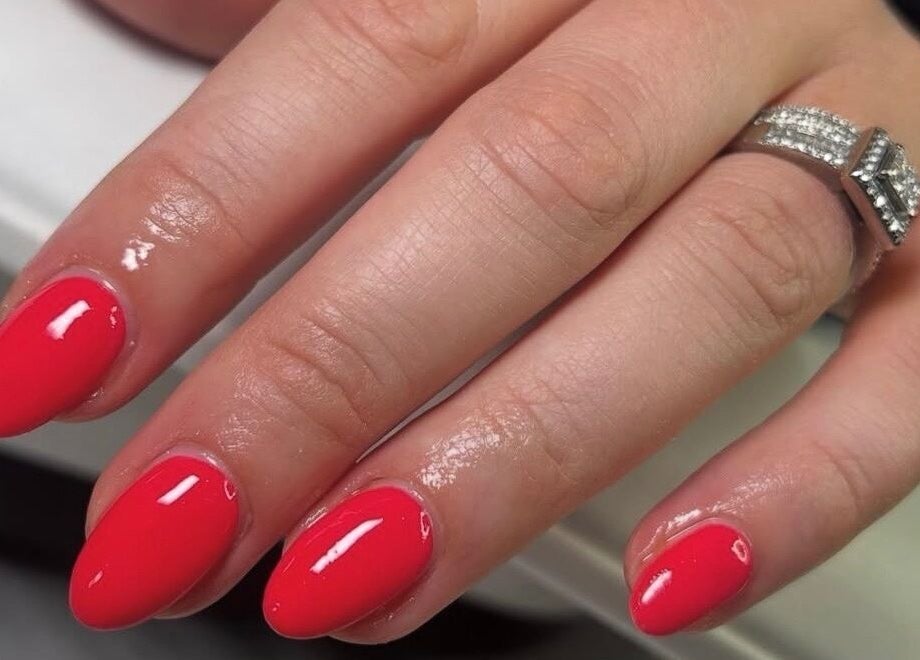 Elegant red manicured nails at Becca Kate Nails, Castlederg, Northern Ireland, GB.