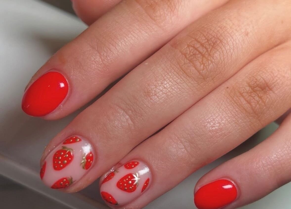 Vibrant strawberry nail art by Becca Kate Nails in Castlederg, Northern Ireland, GB.