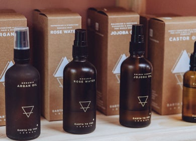 Organic skincare products displayed at The London Dolls Aesthetics in London, England, GB.