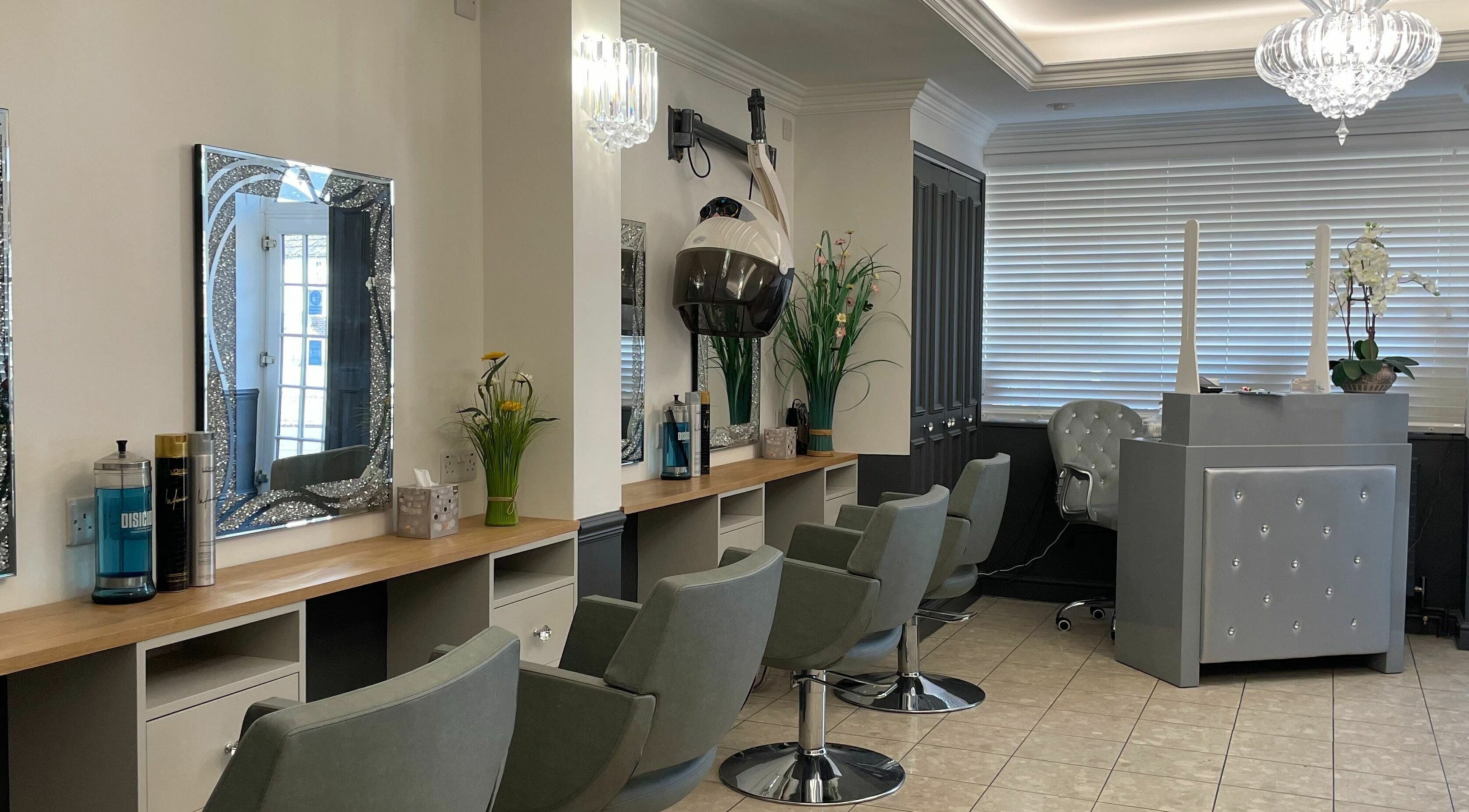 Corner Hairdressing salon in Lindfield, England, GB features modern styling chairs and elegant decor.