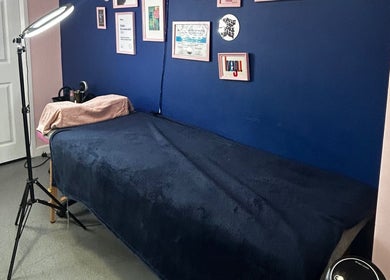 Cozy massage bed at Alexander Aromatics Wellness Studio, Dreghorn, Scotland, GB.