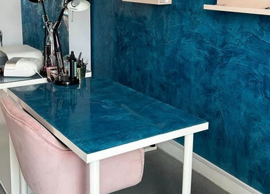Manicure station at Alexander Aromatics Wellness Studio in Dreghorn, Scotland, featuring teal decor.