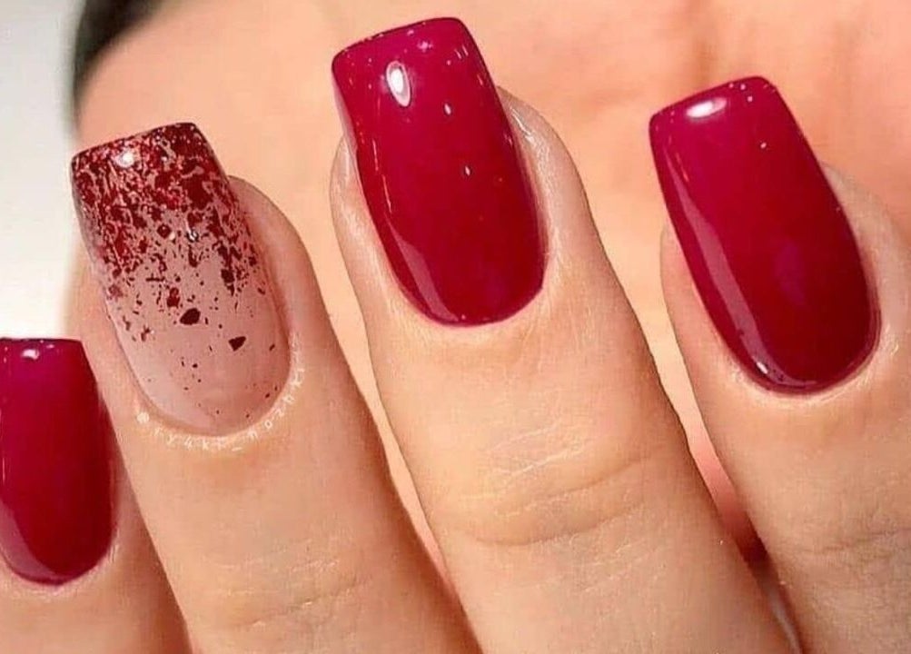 Elegant red nails with glitter by Nails and Lashes by Merilyn, Cape Town, Western Cape, ZA.