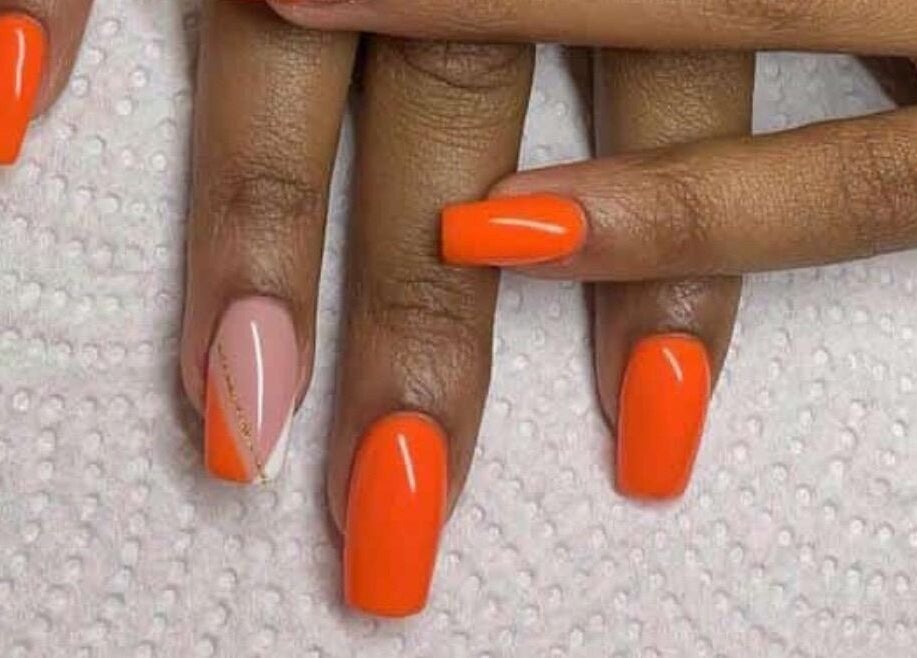 Elegant tangerine and nude nails at Nails and Lashes by Merilyn, Cape Town, Western Cape, ZA.