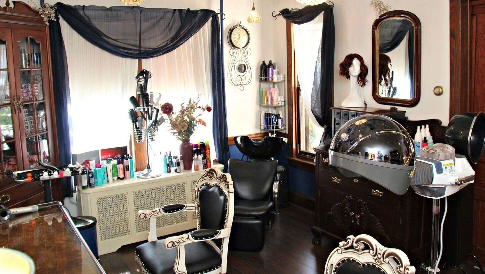 Elegant salon interior at TKM Hair Design and Restorations, Reading, Pennsylvania, US.