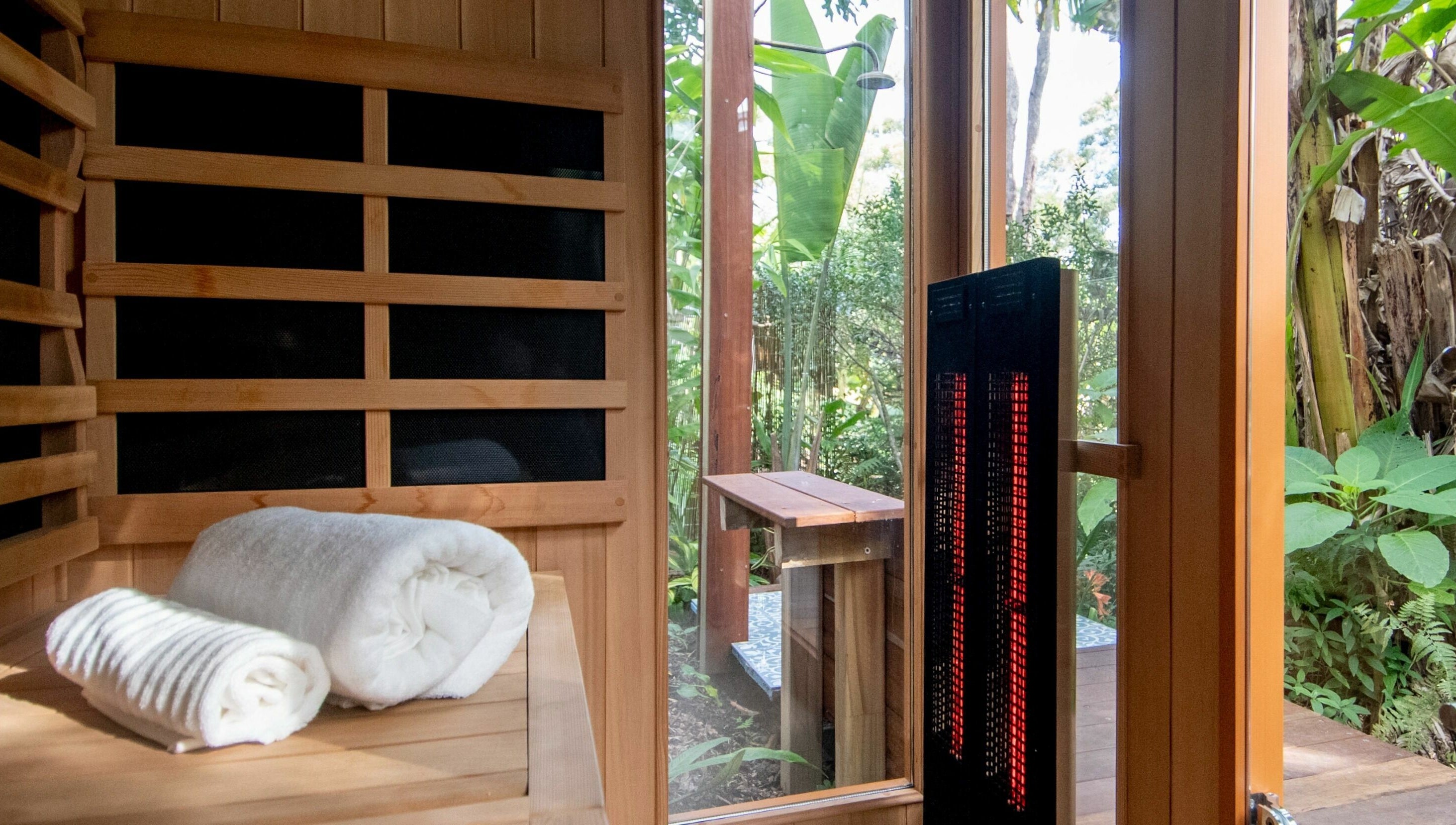 Relaxing sauna view at Cloud 9 Sauna, Macmasters Beach, New South Wales, AU, featuring nature and warmth.