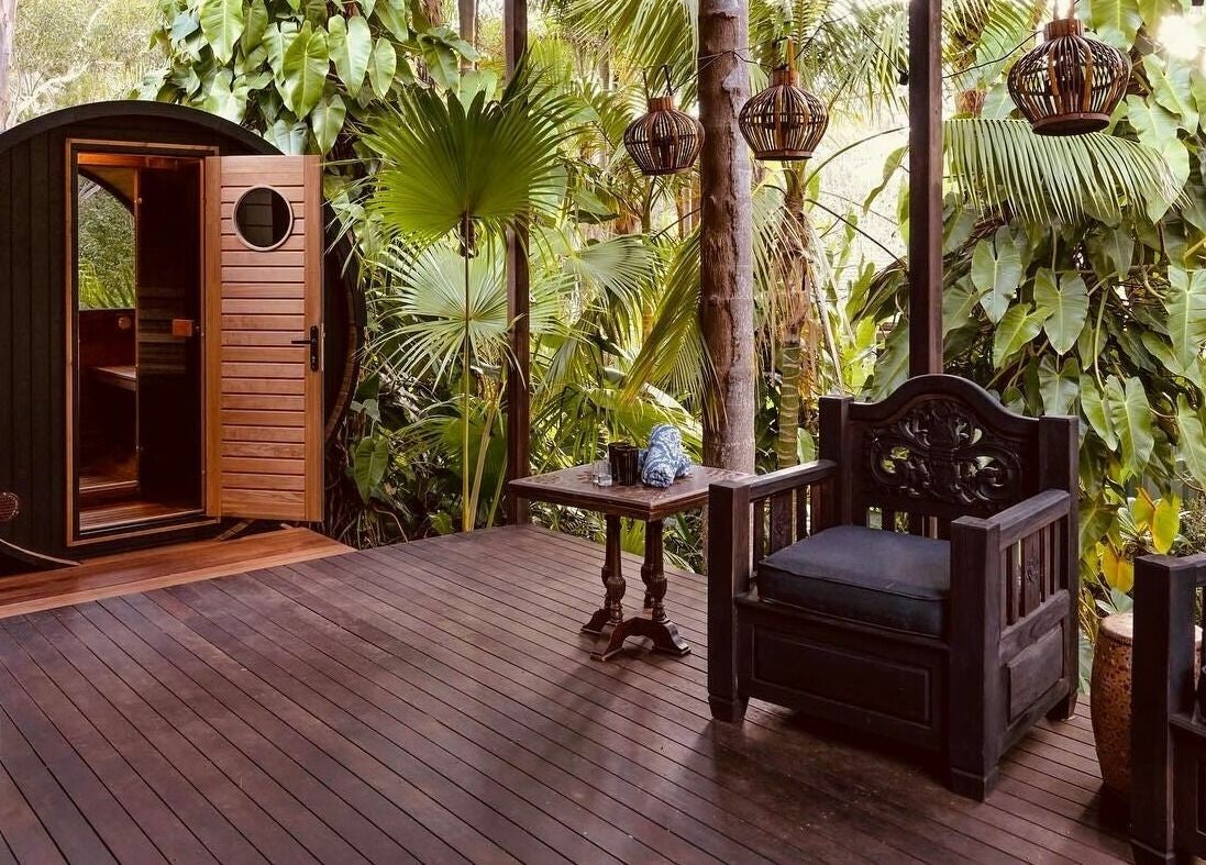 Relaxing outdoor seating and sauna at Cloud 9 Sauna, Macmasters Beach, New South Wales, AU.